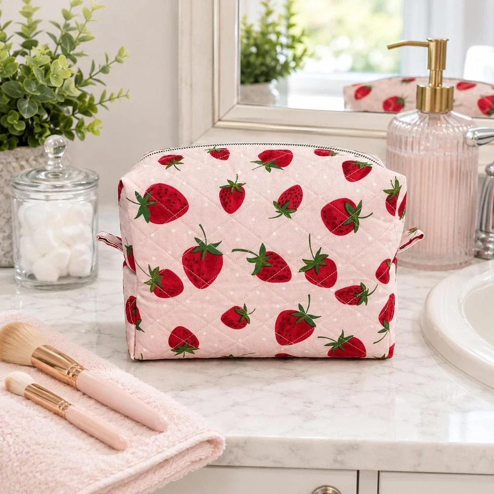Strawberry Makeup Bag, Quilted Cosmetic Bag, Travel Toiletry Bag, Organizer Bag